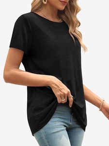 เสื้อยืดคอกลมแขนสั้นสีดำสำหรับผู้หญิง ผ้าฝ้ายผสมโพลีเอสเตอร์ ระบายอากาศได้ดี ไม่ยับ ลายพิมพ์เรียบง่าย สไตล์ลำลอง - Product Image 3