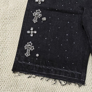Pantalones cortos de mezclilla personalizados para hombre, estilo oversize, lavado ácido, con diamantes de imitación y pedrería, estilo streetwear, holgados, Verano 2026 - Product Image 5