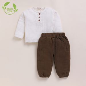Organic Milk & Cocoa Whispers Premium Quality Baby Clothing Set Long Sleeve Henley Tshirt & Lounge Pant Made From Organic Muslin - Product Image 1