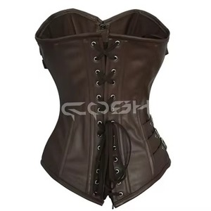 Corset en cuir marron à baleines en acier, fermeture éclair sur le devant, avec double ceinture à lanières - Product Image 4
