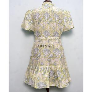 เดรสสั้นลำลองผ้าฝ้ายลายลูกไม้สไตล์หวานสำหรับผู้หญิง  ลายพิมพ์บล็อกด้วยมือ ทรงเอไลน์ น่ารัก มีกระเป๋า เรียบง่าย ใส่ได้ทุกวัน - Product Image 6