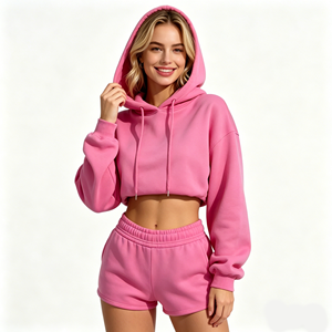Ensemble sweat-shirt court rose à col ras du cou, coupe classique, en molleton, manches courtes, short assorti, unisexe, hiver, 100% coton - Product Image 2