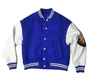 <b>Men's</b> Navy Blue Varsity <b>Jacket</b> With <b>Cream</b> PU Sleeves And Number 21 Patch Preppy Style Autumn Wear Regular Fit Turn-down Collar - Product Image 2