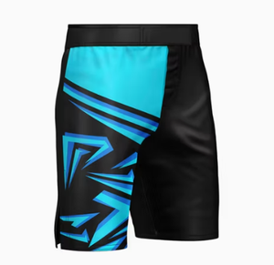 Shorts de sport pour homme, noir et bleu, motif géométrique, impression par sublimation, séchage rapide, taille mi-haute élastique - Product Image 1