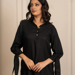 Robe chemise en rayonne noire pour femmes |   Chemise boutonnée à manches longues, longueur genou, décontractée, pour le bureau, confortable, usage quotidien, été - Product Image 1