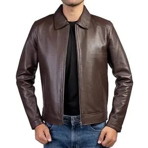 <b>brown</b> distressed genuine <b>leather</b> stand collar <b>jacket</b> with a tailored fit - Product Image 3