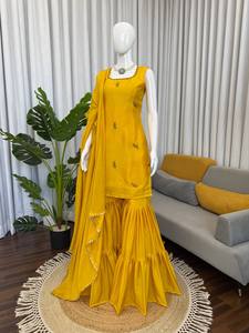 Yellow Reversible 3 Piece Sharara Suit Dupatta <b>Top</b> and Wide Leg Pants Pakistani Party Outfit for Women - Product Image 5