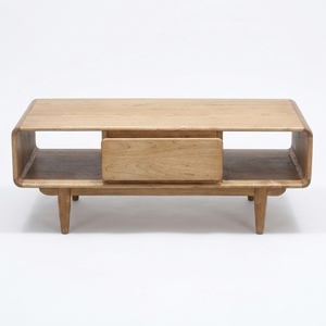Meuble de salon en bois massif, style Mid-Century Modern, meuble central avec bordure arrondie en cascade et tiroir de rangement - Product Image 1