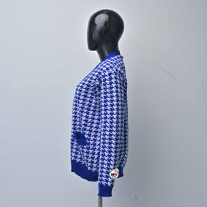 Cárdigan de punto casual de manga larga con cuello en V y estampado de pata de gallo azul y blanco para mujer, de alta calidad, al por mayor, con bolsillos, para otoño. - Product Image 2