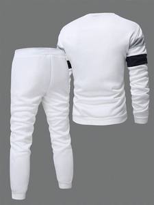 Mens White Grey and Black Striped <b>Crewneck</b> Sweatshirt and Matching Joggers Tracksuit OEM ODM Wholesale Apparel - Product Image 2