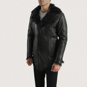Relevo Industries <b>Men's</b> <b>Black</b> Leather Quilted Jacket Stand Collar <b>Long</b> Sleeve Slim Fit Winter High Street Style Windproof <b>Coat</b> - Product Image 4