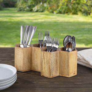 Porte-couverts en bois de forme géométrique, idéal pour les événements en plein air, les pique-niques, la mise en place de tables de fête et l'organisation de la cuisine, provenant d'Inde. - Product Image 1