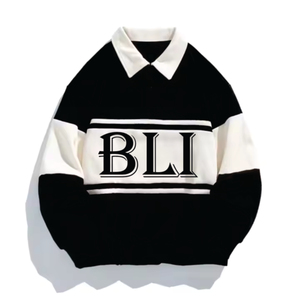 Polo de Manga Larga para Hombre, Blanco con Rayas Negras, Logotipo BLI, Diseño Casual de Punto de Algodón con Estampado Frontal - Product Image 2