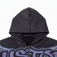 Sweat à capuche zippé personnalisé avec impression numérique, coupe ample et courte, effet vieilli, délavé à l'acide, style vintage, unisexe, 100% coton, hiver