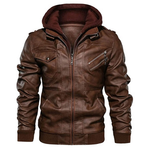Blouson moto décontracté marron pour homme en similicuir brodé, col montant, fermeture éclair, style urbain, hiver - Product Image 4