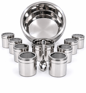 Dheer International - Caja de especias Masala Dabba de acero inoxidable premium n.° 13 con 9 recipientes y 1 cuchara, diámetro 22.50, venta al por mayor - Product Image 4