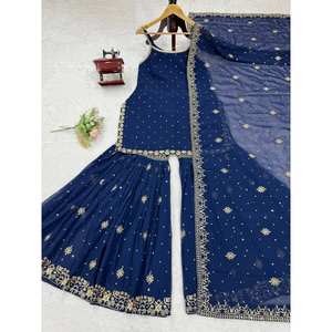 Ensemble de vêtements de fête de créateurs haut-bas et Dupatta avec fil de séquence taille de travail XL - Product Image 1