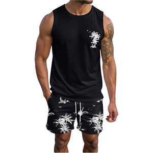 Conjuntos cortos de 2 piezas para hombre, conjuntos de verano con estampado tropical, camisetas sin mangas y pantalones cortos con cordón. - Product Image 1