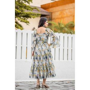 Stylish Georgette Gown with Square Collar and <b>Elastic</b> Waist Daily Wear Breathable Floral Print A-Line Silhouette RV Creation - Product Image 2