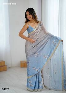 Designer Fancy Party Wear Attractive <b>Satin</b> Chiffon with Printed & Sequence Embroidered Saree- <b>Blouse</b> Collection Wholesale Supply - Product Image 6