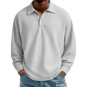 Chemises polo pour hommes en gris chiné texturé, manches longues, épaules tombantes, tricot décontracté Johnny, respirant, polos de qualité supérieure - Product Image 1