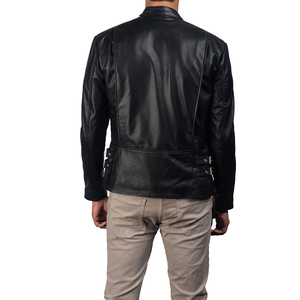 Veste de moto pour homme SAAR INDUSTRIES en cuir véritable noir imperméable et coupe-vent, avec bande blanche, coupe ajustée, style streetwear - Product Image 2
