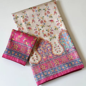 Sari en soie pour occasions spéciales – Impression numérique haut de gamme avec travail Jari et pièce de blouse assortie - Product Image 1