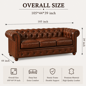Sofá Chesterfield de Cuero Marrón de Lujo, 3 Plazas, con Botones Decorativos y Brazos Enrollados, Muebles de Primera Calidad para Sala de Estar - Product Image 3