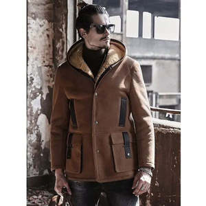 Veste safari en daim marron pour homme, à capuche, doublure en fausse fourrure, coupe-vent, manteau d'hiver, coupe classique, style workwear - Product Image 1