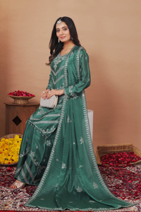 Ladies Fine Crepe Dual <b>Sequin</b> Work <b>Top</b> Plazo Matching Dupatta Set Stitched Indian Ethnic Wear Three Piece <b>Party</b> Suit - Product Image 3