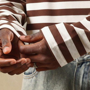 Premium Stitching Wholesale Men's <b>Brown</b> And White Striped O-Neck <b>Long</b> <b>Sleeve</b> Knitted T-Shirt Casual Style Plus Size Cotton <b>Top</b> - Product Image 4