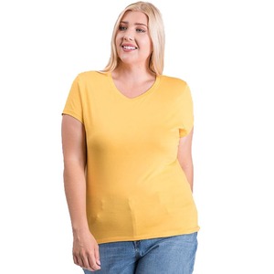 Camiseta de Algodón de Alta Calidad para Mujer, Talla Grande, Cuello en V, Manga Corta, Color Amarillo, Estilo Casual, Corte Regular - Product Image 1