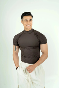 Men <b>Turtleneck</b> Short Sleeve Compression Shirt Slim Fit Solid Color Breathable Knitted Workout Gym Training <b>Top</b> - Product Image 6