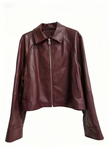 Veste matelassée coupe-vent unisexe à col mandarin et fermeture éclair en toile, couleur unie, en véritable peau de mouton, pour femme - Product Image 2