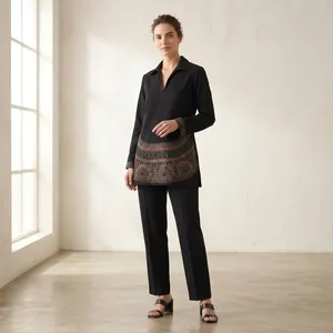 Women Black Embroidered <b>Tunic</b> <b>Top</b> <b>With</b> Full <b>Sleeve</b> Bohemian Style Geometric Pattern <b>Long</b> Set Regular Fit All Seasons Wear - Product Image 1