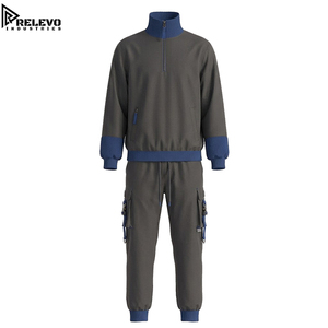 Survêtement technique moderne pour homme OEM, pull à col montant semi-zippé gris foncé premium à manches longues avec poignets contrastants bleus - Product Image 1