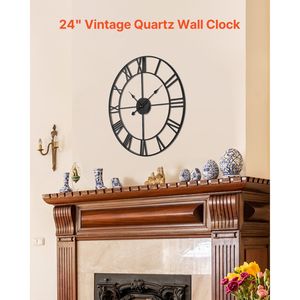 Horloge murale classique noire de style ferme, chiffres romains, fonctionne à piles, silencieuse, décoration intérieure, salon, chambre à coucher, bureau, salle à manger - Product Image 2