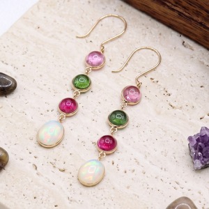 Wholesale 18k Yellow Gold Natural Multi <b>Tourmaline</b> Opal Bezel Linear Drop <b>Earrings</b> Memoria Jewels - Product Image 2
