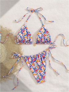 Ensemble bikini floral pour femme, haut croisé à nouer, bas à nouer sur les côtés, en spandex et polyester, maillot de bain deux pièces extensible - Product Image 5