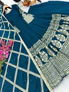 Conjunto de Sharara de Georgette Sintético Azul Bordado con Dupatta, Traje Tradicional Holgado para Mujer, Kurta y Pantalones para Fiesta o Boda - Product Image 3