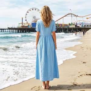 Cotton Midi Dress for Women V Neck High Waist a Line Short Sleeve Flowy Plain Dyed Handmade <b>Bow</b> Summer Beach <b>Gift</b> for Her - Product Image 2