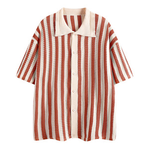Chemise décontractée à manches courtes en toile tricotée rayée pour homme, boutonnée, respirante, coupe classique, motif noir et blanc - Product Image 2
