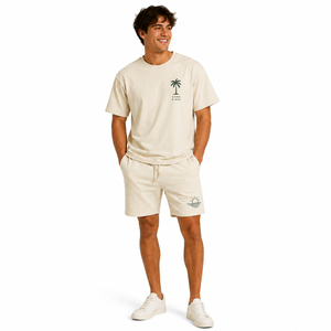 Ensemble deux pièces d'été pour homme en coton, imprimé palmiers, décontracté, col rond, tricoté, respirant, manches courtes, sérigraphié - Product Image 2