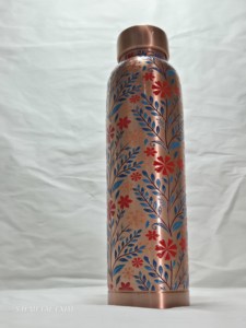 Bouteille d'eau artisanale en cuivre pur avec motif floral imprimé, anti-fuite, bienfaits ayurvédiques, récipient en cuivre pour le yoga et la gym - Product Image 5