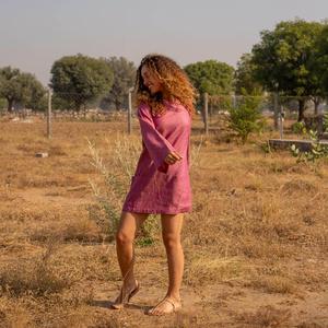 Vestido Mini de Lino y Algodón Color Rosa Empolvado para Mujer, Manga Larga, Cuello Redondo, Corte Holgado, Estilo Casual Bohemio, Vestido de Verano - Product Image 2