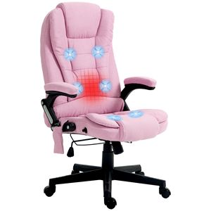 Sedia da Ufficio Reclinabile con Schienale Alto, Massaggio Vibrante e Funzione Riscaldante, Sedia Direzionale in Lino Rosa con Braccioli in PVC e Telecomando - Product Image 1