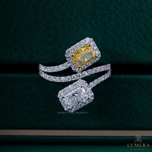 แหวนหมั้นเพชรทรงเรเดียนท์คัทสีเหลืองขาวหรูหรา แหวนแต่งงานทองคำขาว 14K/18K แบบสองเม็ด ดีไซน์แหวนแยกสองส่วน - Product Image 2