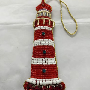Handmade Beaded Lighthouse Ornament Coastal Christmas Hanging Decor - Product Image 1