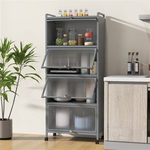 Scaffale da Cucina a 5 Ripiani Grigio con Ante Antipolvere Ribaltabili, Supporto per Microonde con 4 Ruote Frenabili - Product Image 6