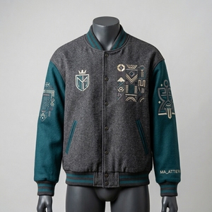 Chaqueta Letterman Gris Teal para Hombre, Cuerpo de Lana, Mangas de Felpa, Parches Bordados, Botones a Presión, Personalizable OEM ODM - Product Image 1